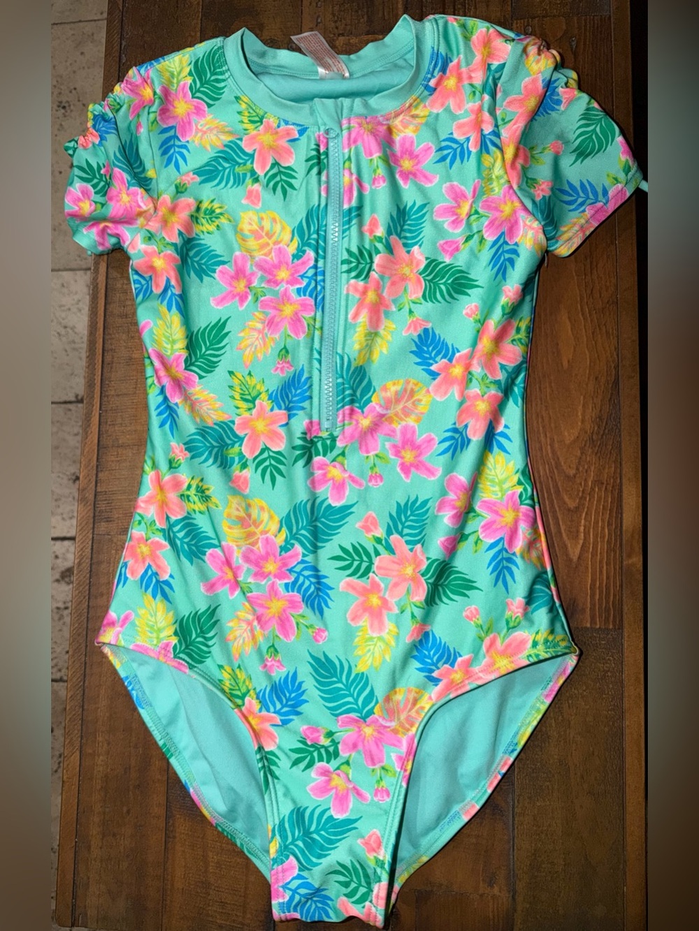 Kids Floral Zip-Front One-Piece Swimsuit - Aqua/Pink